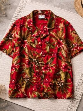 BonWorth Red Tropical Floral Button-Down Camp Shirt